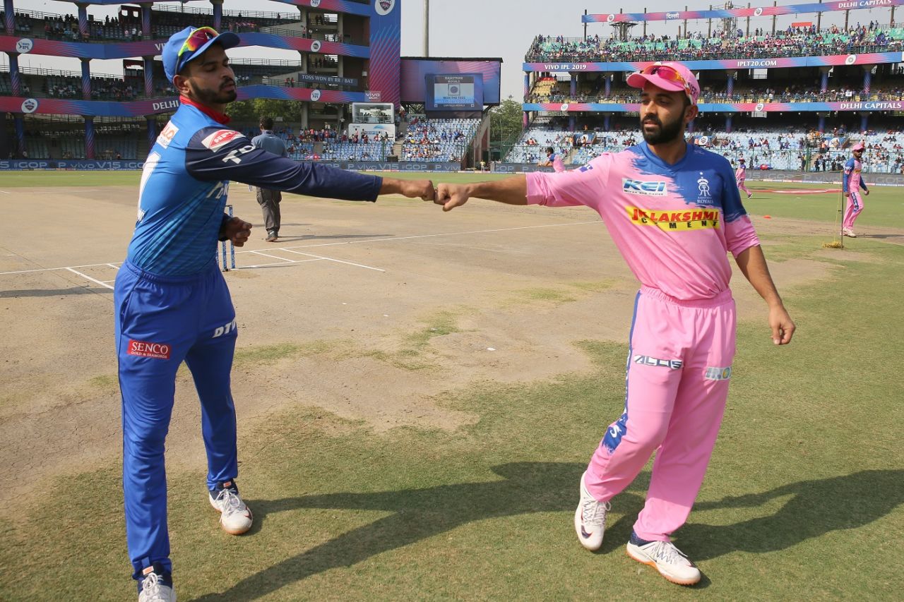 Captains Shreyas Iyer and Ajinkya Rahane fist-bump each other, Delhi Capitals v Rajasthan Royals, IPL 2019, Delhi