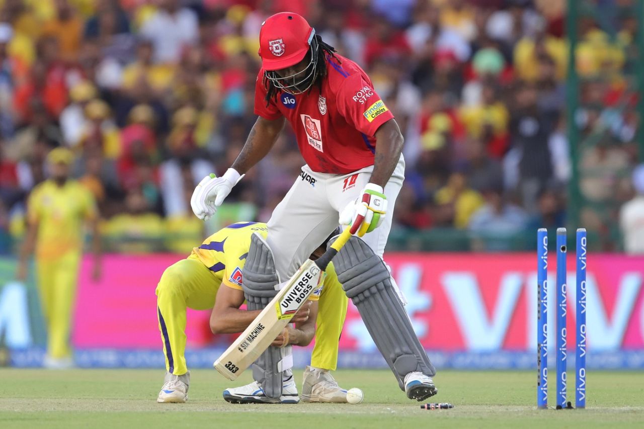 Deepak Chahar and Chris Gayle get into a tangle, Kings XI Punjab v Chennai Super Kings, IPL 2019, Mohali, May 5, 2019