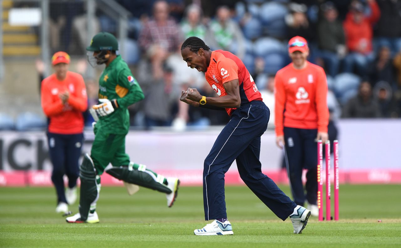 Jofra Archer celebrates his run-out of Babar Azam, England v Pakistan, only T20I, Cardiff, May 5, 2019