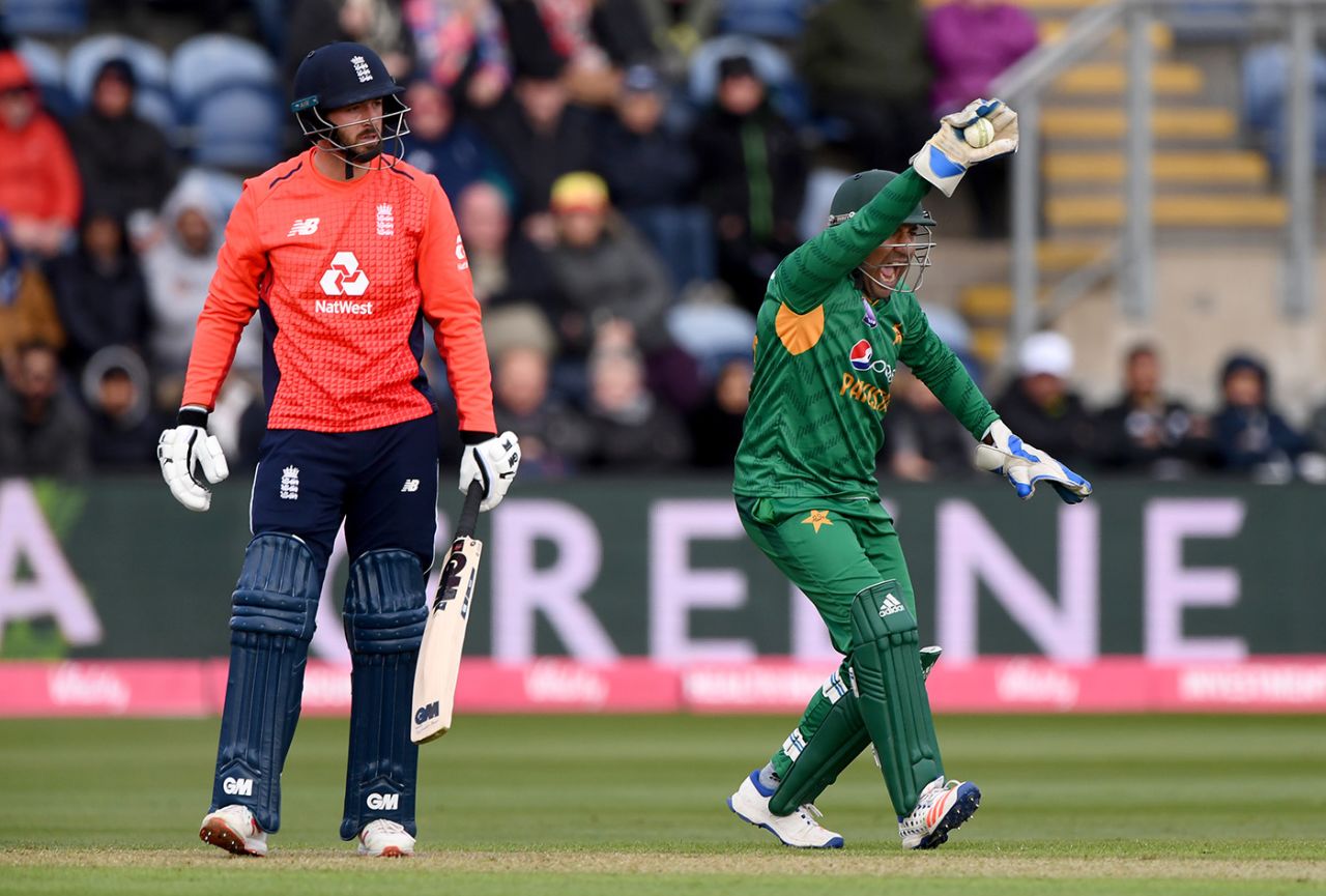 Sarfaraz Ahmed successfully appeals for a caught-behind decision, England v Pakistan, only T20I, Cardiff, May 5, 2019