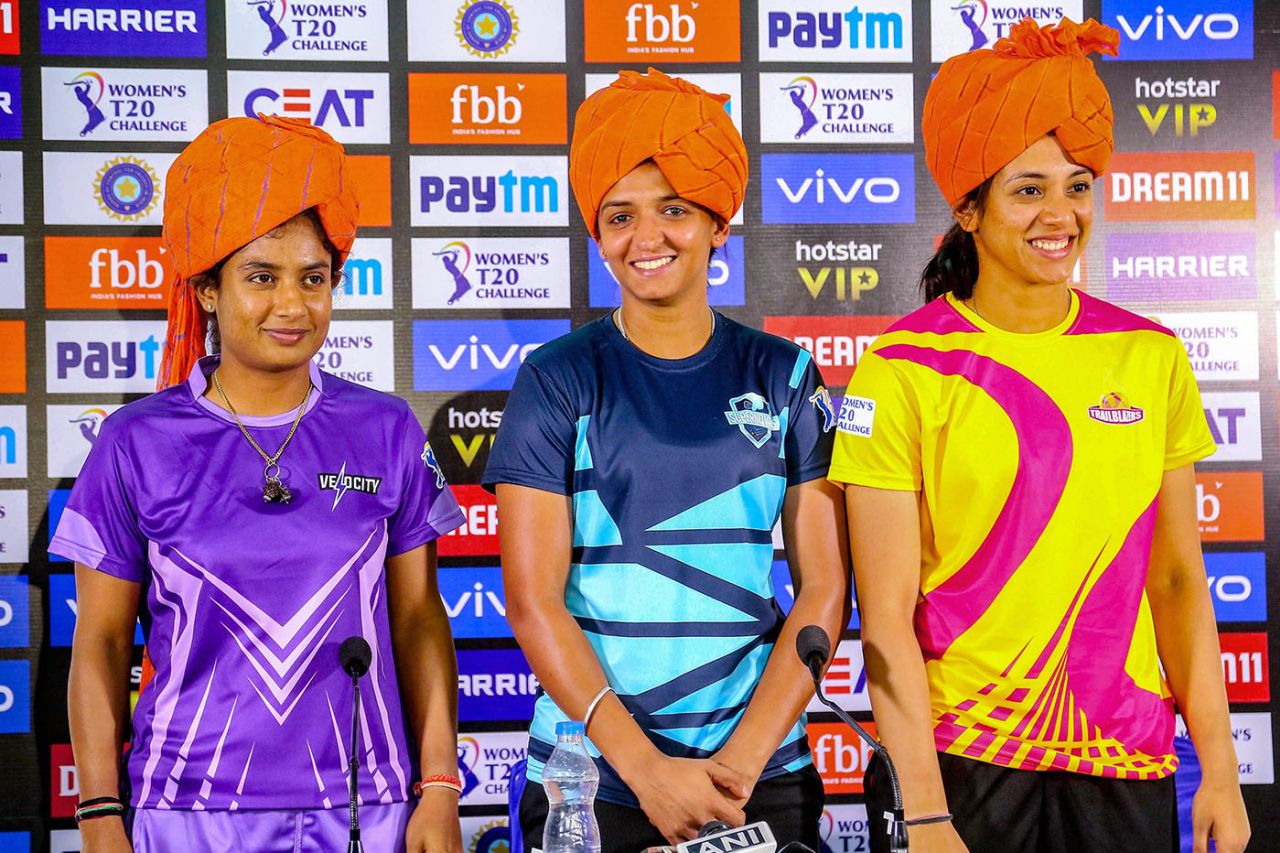 Mithali Raj, Harmanpreet Kaur and Smriti Mandhana pose before the 2019 edition of the Women's T20 Challenge