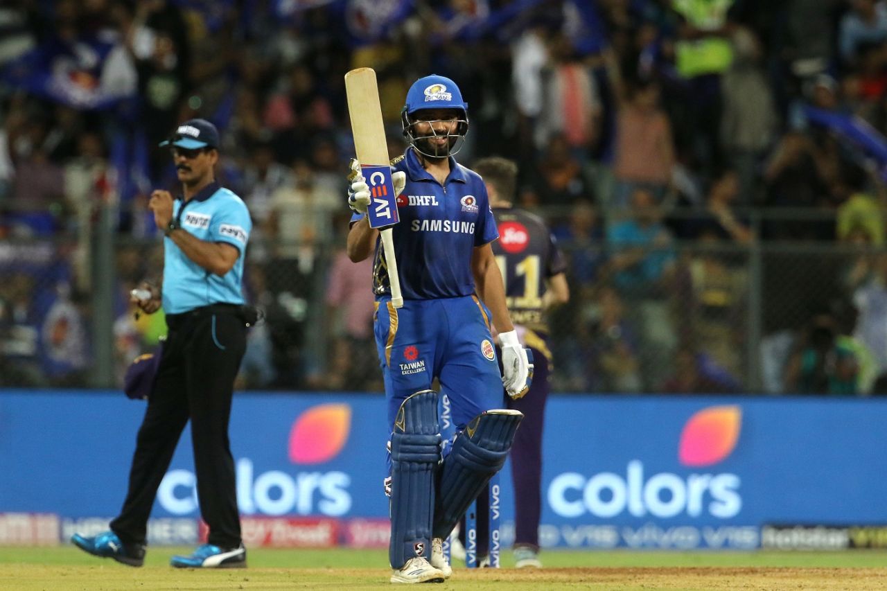 Rohit Sharma raises his bat after reaching fifty, Mumbai Indians v Kolkata Knight Riders, IPL 2019, Mumbai