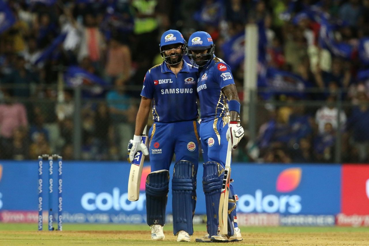 Rohit Sharma and Suryakumar Yadav celebrate the win, Mumbai Indians v Kolkata Knight Riders, IPL 2019, Mumbai