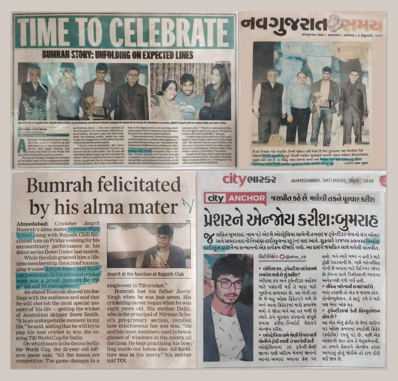 News clippings about Jasprit Bumrah from his school, Nirman High School, in Ahmeadabad, April 2019