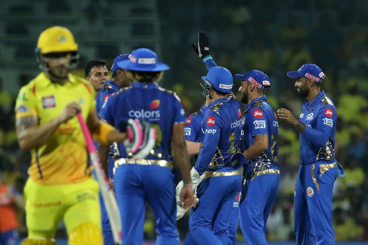 Mumbai Indians celebrate the early dismissal of Faf du Plessis, Mumbai Indians v Chennai Super Kings, IPL 2019 Qualifier 1, Chennai, May 7, 2019