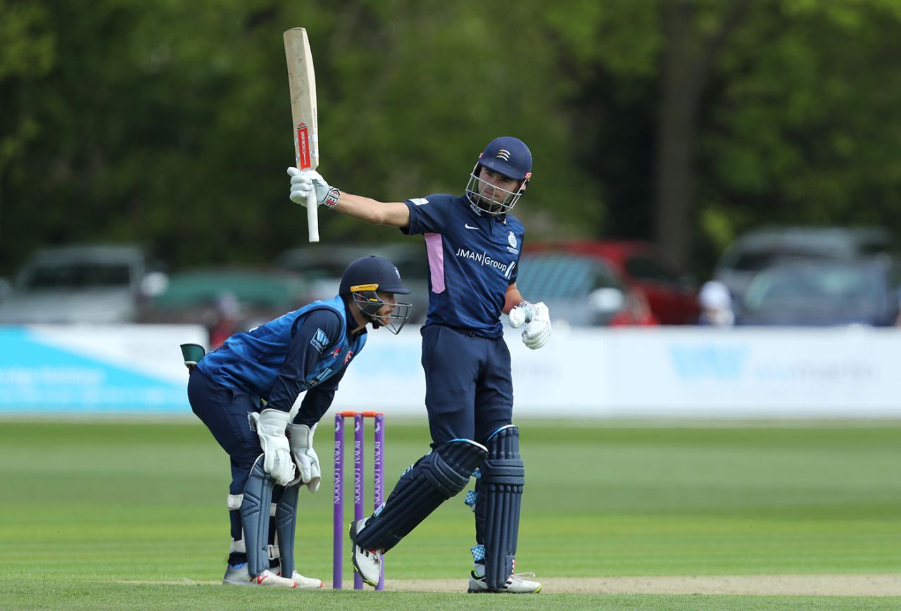 Max Holden acknowledges his half-century, Kent v Middlesex, Royal London Cup, South Group, Canterbury, May 7, 2019