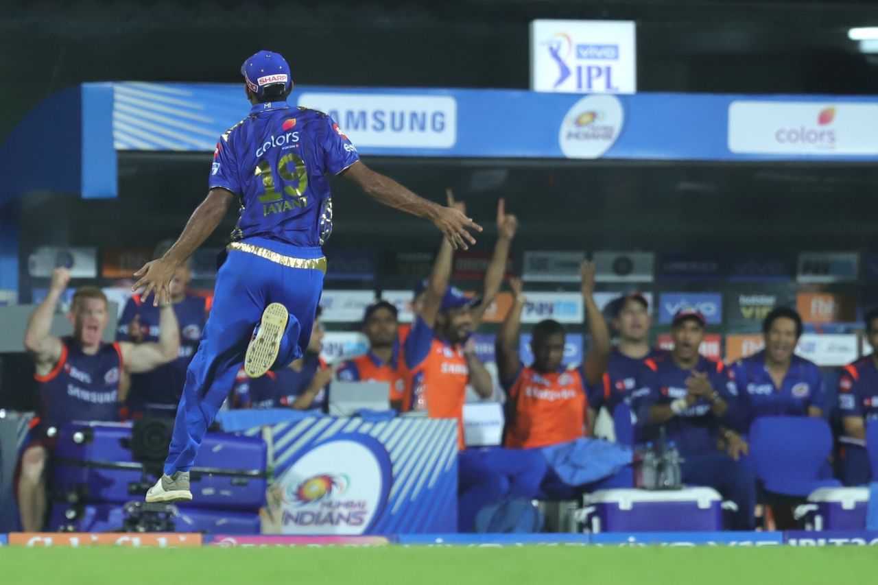 Jayant Yadav is jubilant after taking the catch to dismiss Shane Watson, Mumbai Indians v Chennai Super Kings, IPL 2019 Qualifier 1, Chennai, May 7, 2019