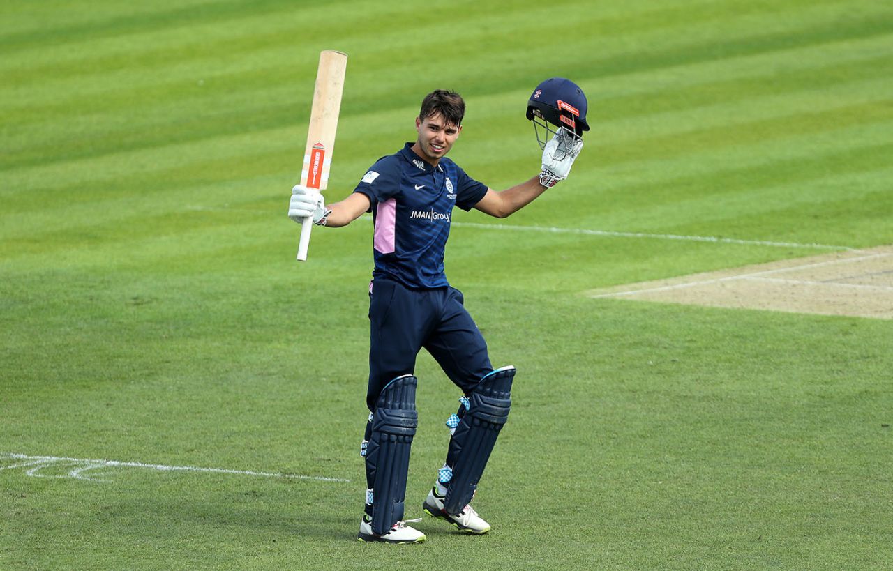 Max Holden celebrates his century, Kent v Middlesex, Royal London One Day Cup, The Spitfire Ground, May 7, 2019