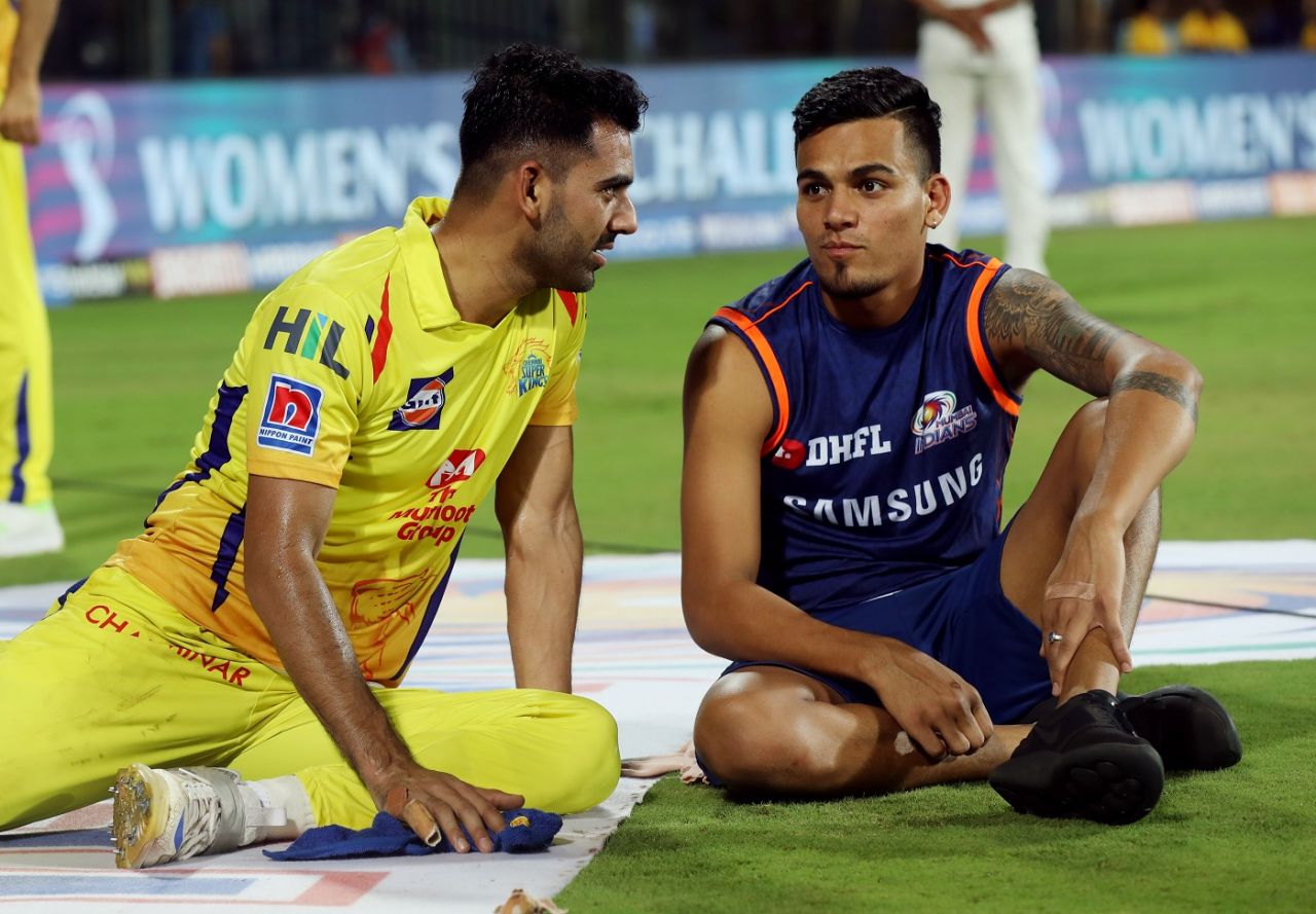 Deepak Chahar and Rahul Chahar in a chat after an IPL game, Mumbai Indians v Chennai Super Kings, IPL 2019 Qualifier 1, Chennai, May 7, 2019