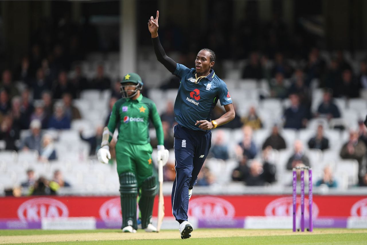 Jofra Archer celebrates after dismissing Fakhar Zaman, England v Pakistan, 1st ODI, The Kia Oval, London, May 8, 2019