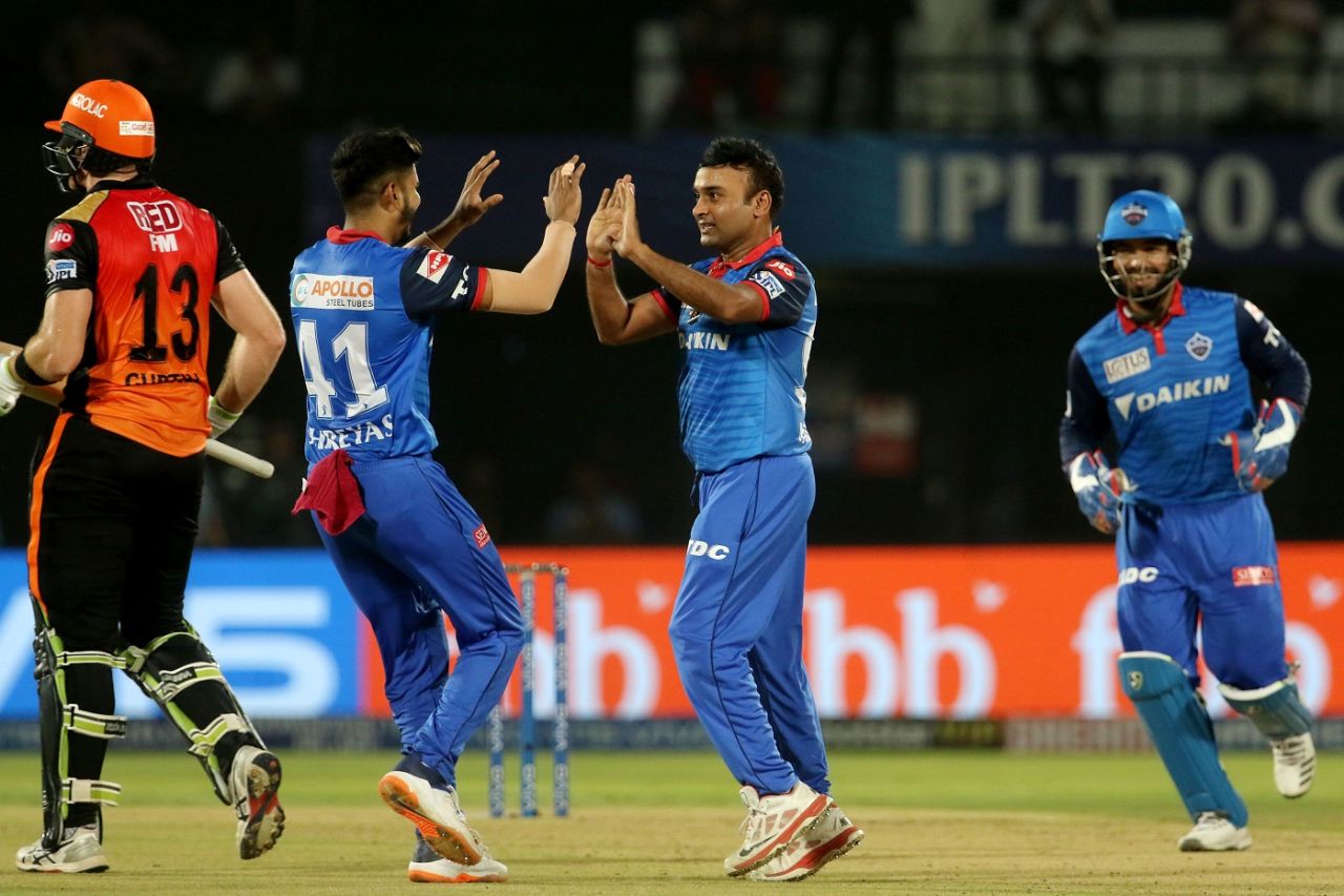 Amit Mishra celebrates the wicket of Martin Guptill, Delhi Capitals v Sunrisers Hyderabad, IPL 2019 Eliminator, Vishakhapatnam, May 8, 2019