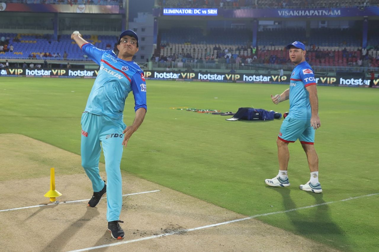 Is he coming out of retirement? Sourav Ganguly has a bowl during the warm-ups, Delhi Capitals v Sunrisers Hyderabad, IPL 2019 Eliminator, Vishakhapatnam, May 8, 2019