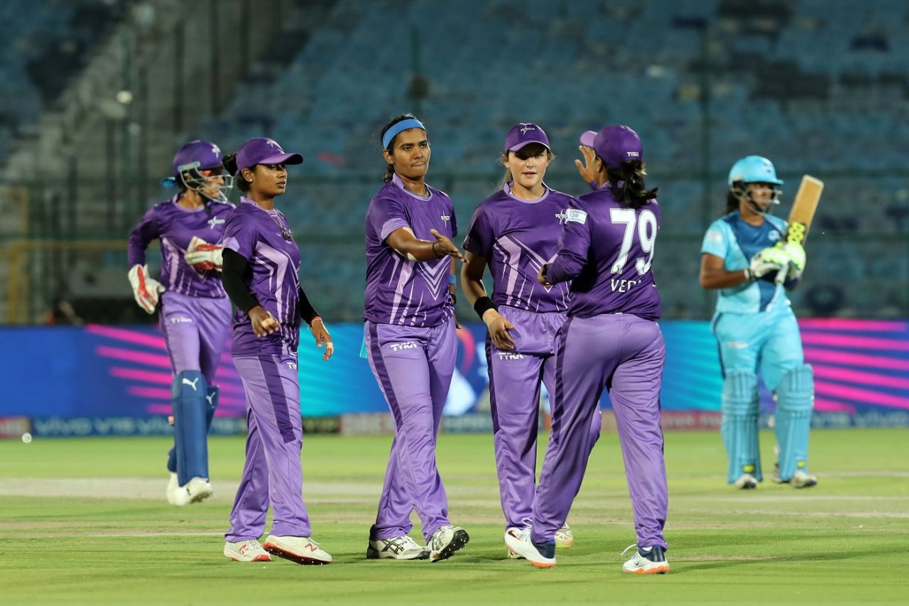 Shikha Pandey celebrates Priya Punia's wicket with her teammates, Velocity v Supernovas, Women's T20 Challenge, Jaipur, May 9, 2019