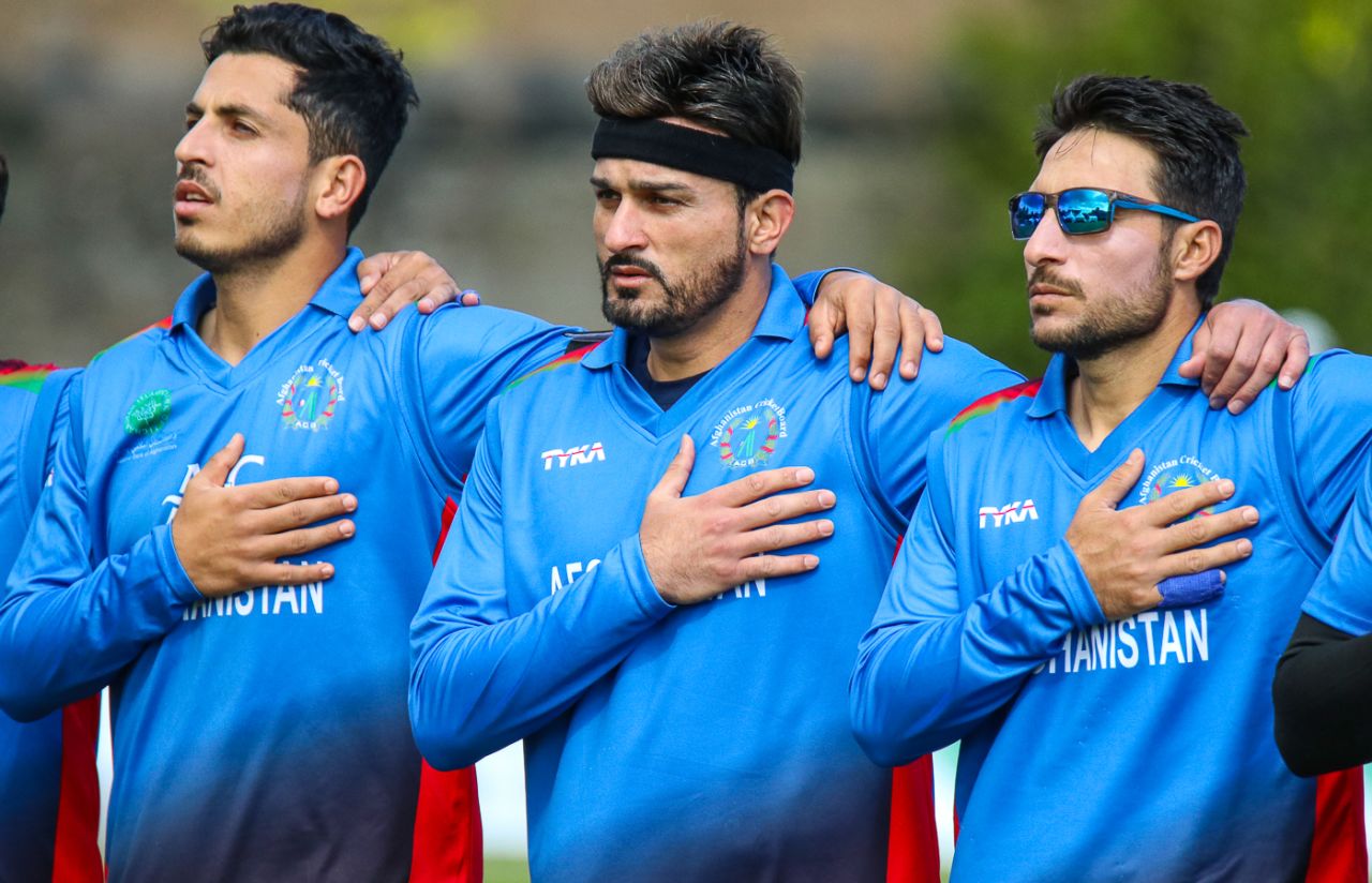 Hamid Hassan lines up for the national anthem ahead of his first ODI in nearly three years, Scotland v Afghanistan, 2nd ODI, Edinburgh, May 10, 2019