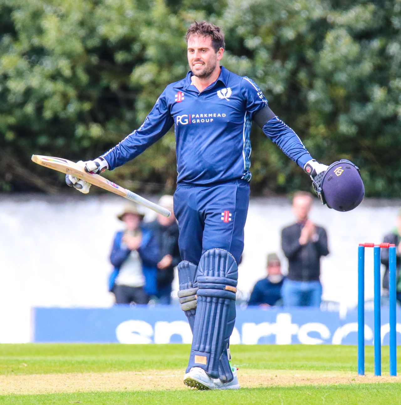 Calum MacLeod grins after reaching his second consecutive ODI century v Afghanistan, Scotland v Afghanistan, 2nd ODI, Edinburgh, May 10, 2019