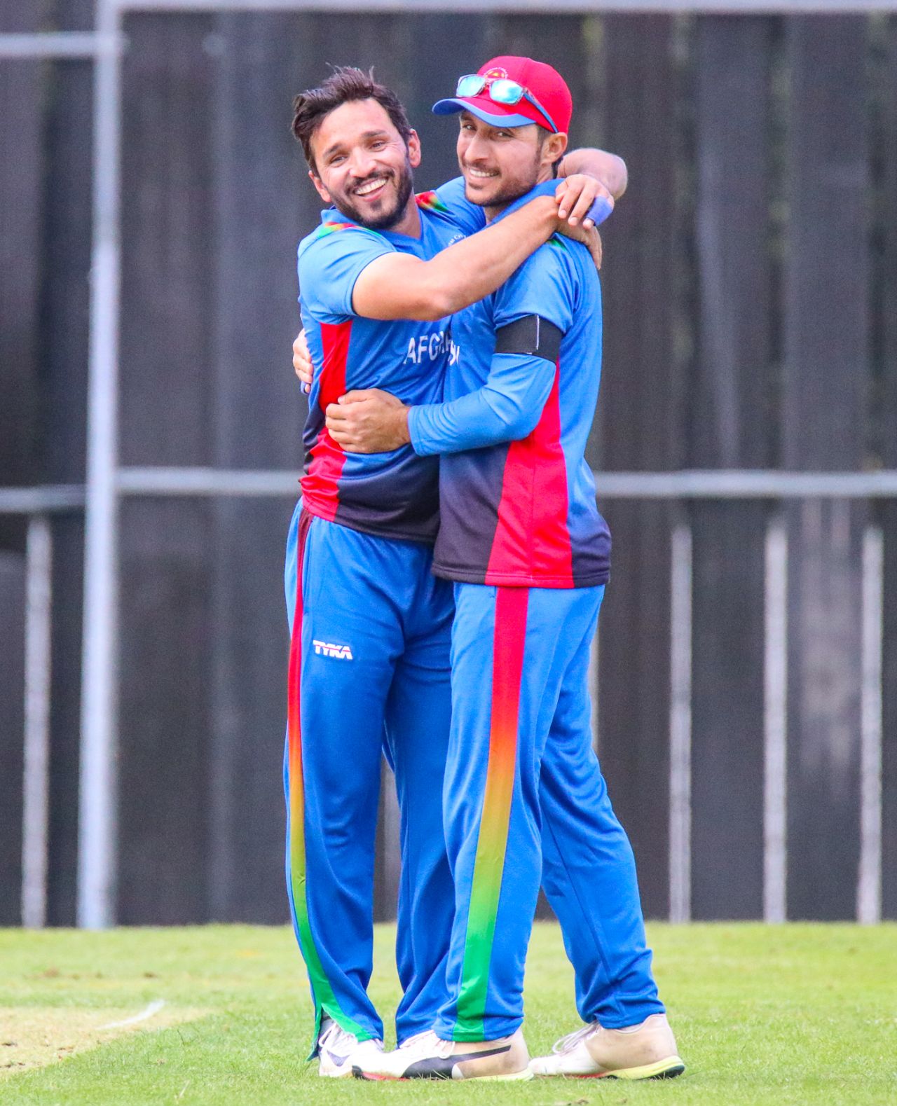 Afghanistan captain Gulbadin Naib celebrates with Rahmat Shah after taking a wicket, Scotland v Afghanistan, 2nd ODI, Edinburgh, May 10, 2019