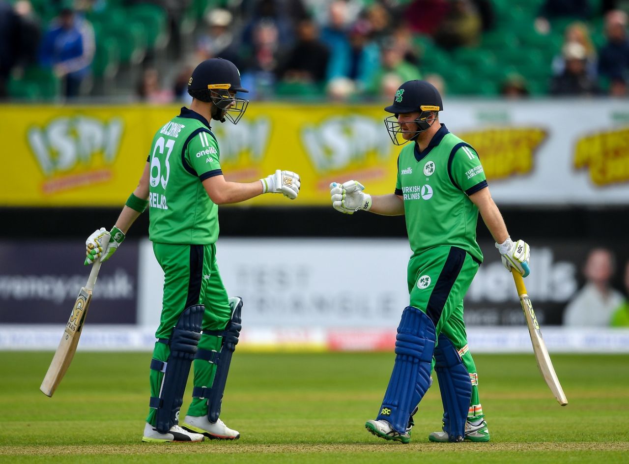 Andy Balbirnie and Paul Stirling fist-bump during their century stand, Ireland v West Indies, Match 4, Ireland tri-series, Dublin, May 11, 2019