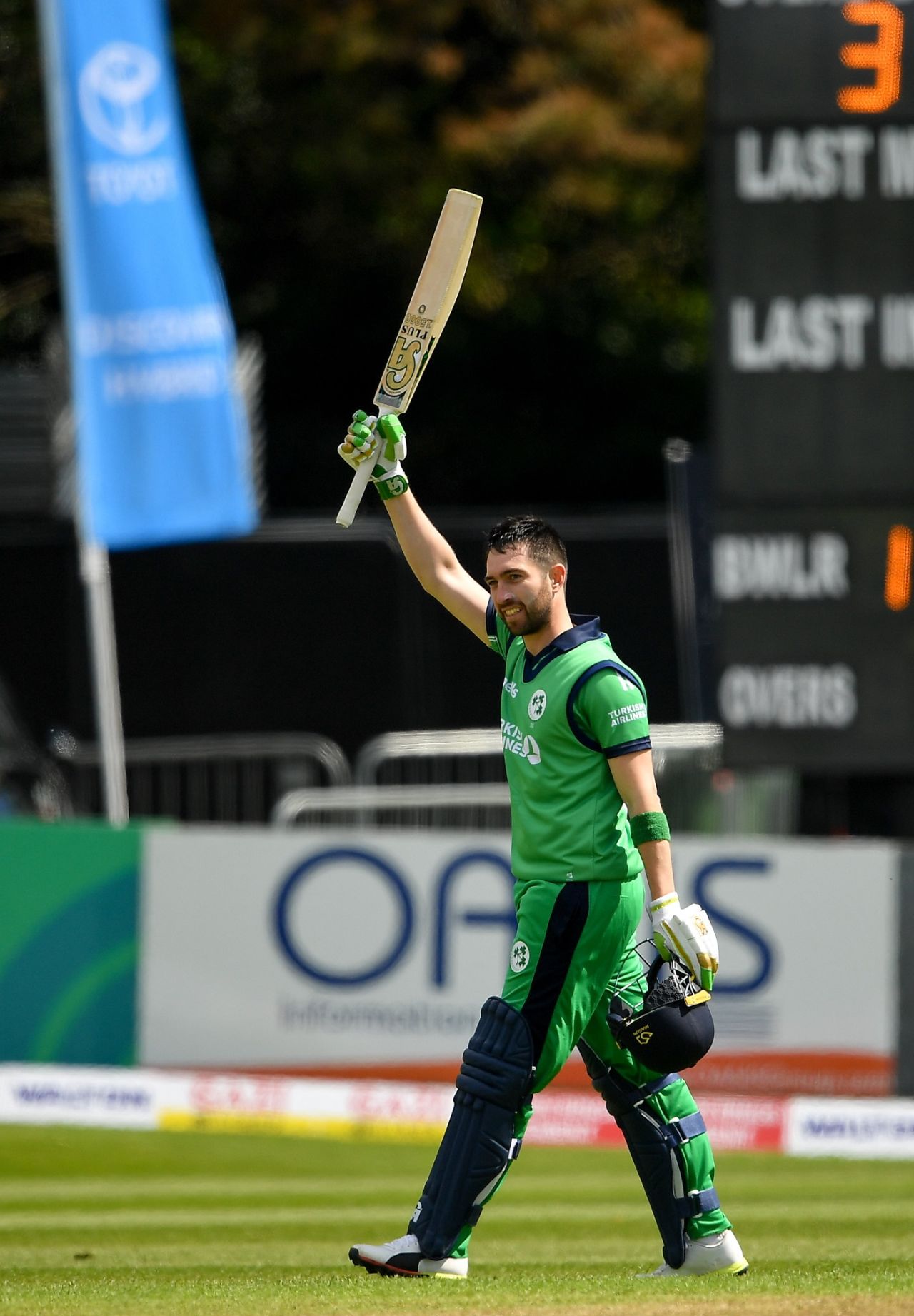 Andy Balbirnie raises his bat after a fine century, Ireland v West Indies, Match 4, Ireland tri-series, Dublin, May 11, 2019