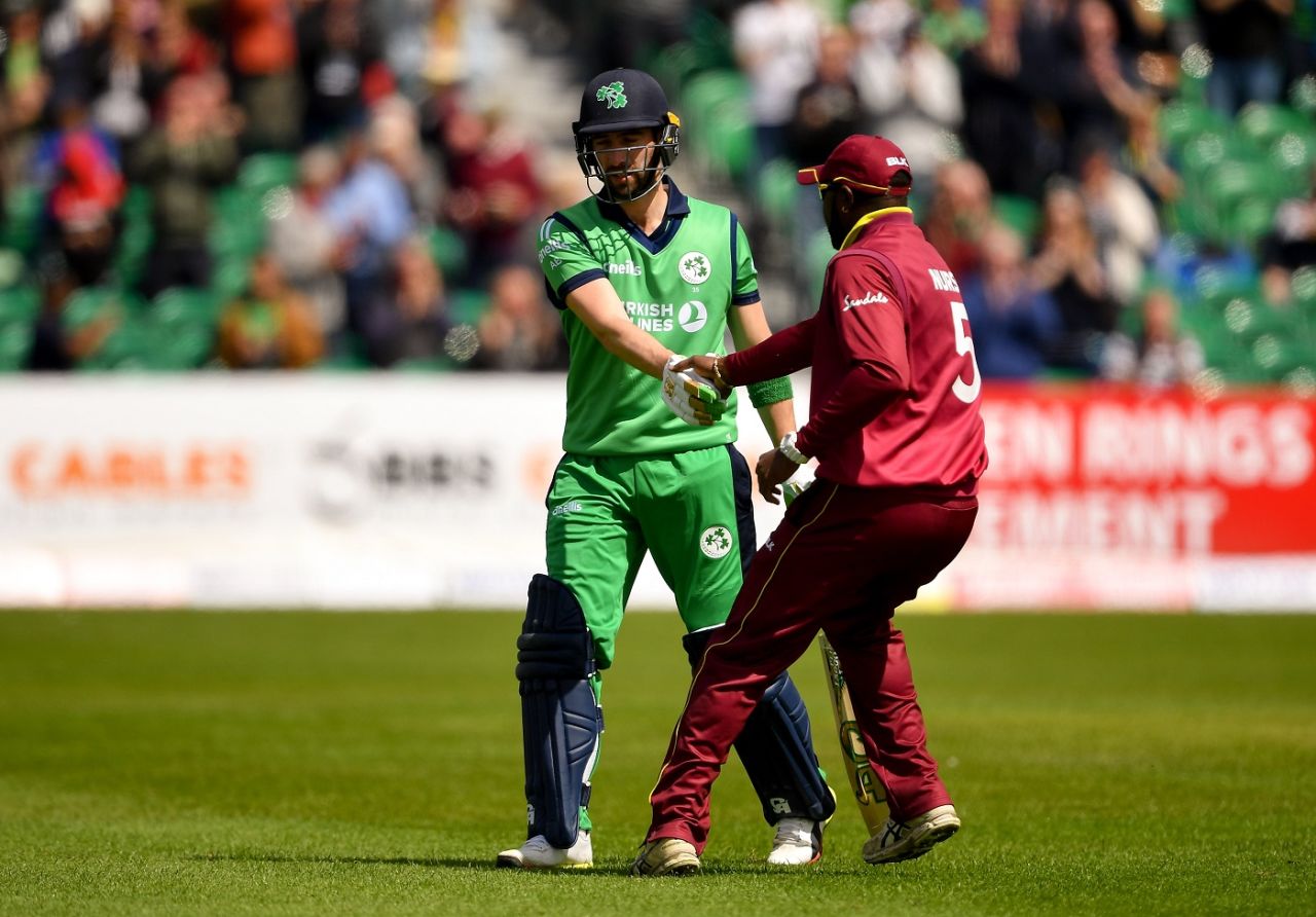 Ashley Nurse congratulates Andy Balbirnie for his 135, Ireland v West Indies, Match 4, Ireland tri-series, Dublin, May 11, 2019