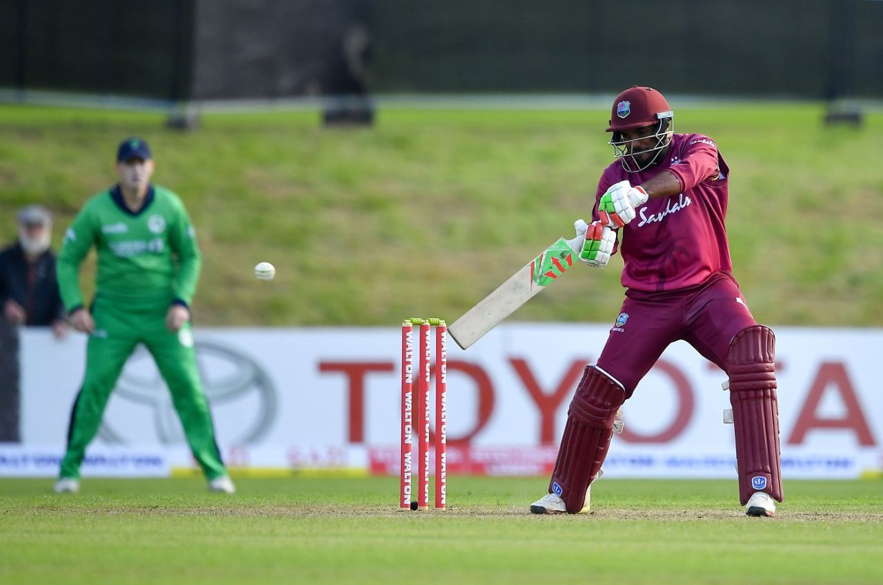 Sunil Ambris plays one off the back foot, Ireland v West Indies, Match 4, Ireland tri-series, Dublin, May 11, 2019