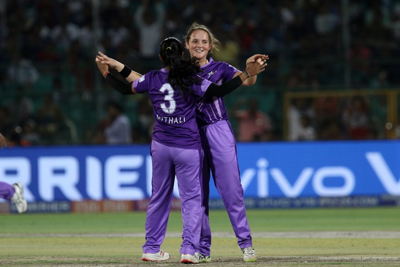 Mithali Raj and Amelia Kerr celebrate after Jemimah Rodrigues departs, Supernovas v Velocity, Women's T20 Challenge final, Jaipur, May 11, 2019