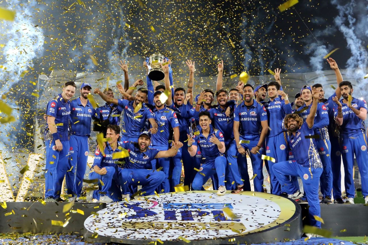 The Mumbai Indians players pose with the IPL 2019 trophy, Mumbai Indians v Chennai Super Kings, IPL 2019 final, Hyderabad, May 12, 2019