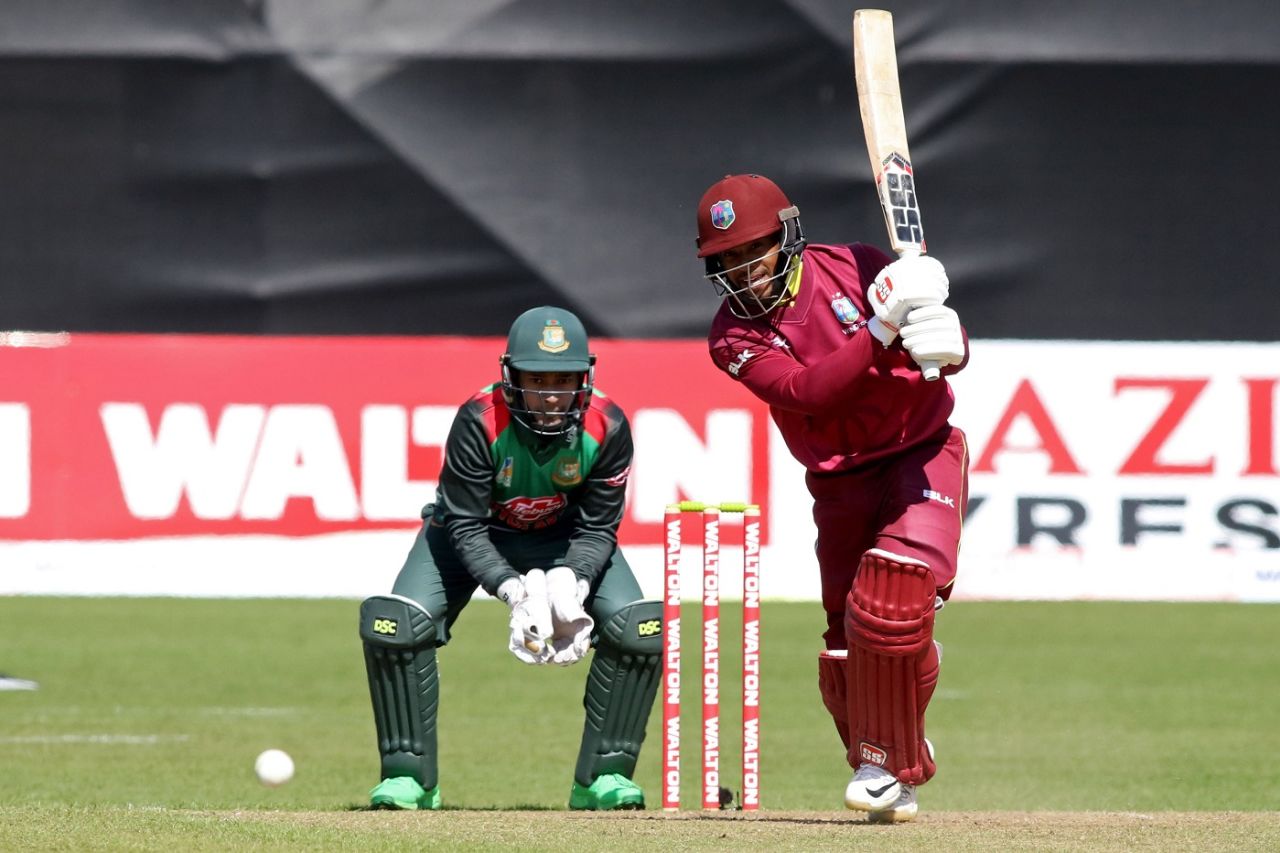 Shai Hope drives, Bangladesh v West Indies, Ireland tri-series, Dublin, May 13, 2019