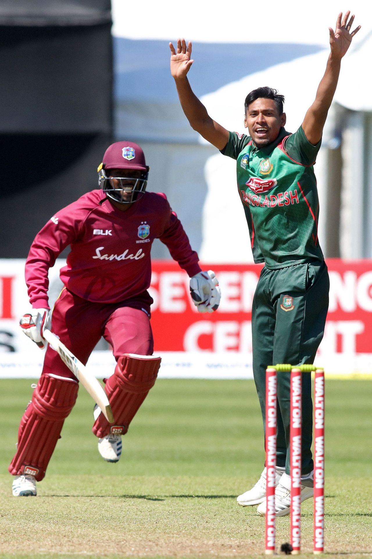 Mustafizur Rahman appeals for a wicket, Bangladesh v West Indies, Ireland tri-series, Dublin, May 13, 2019