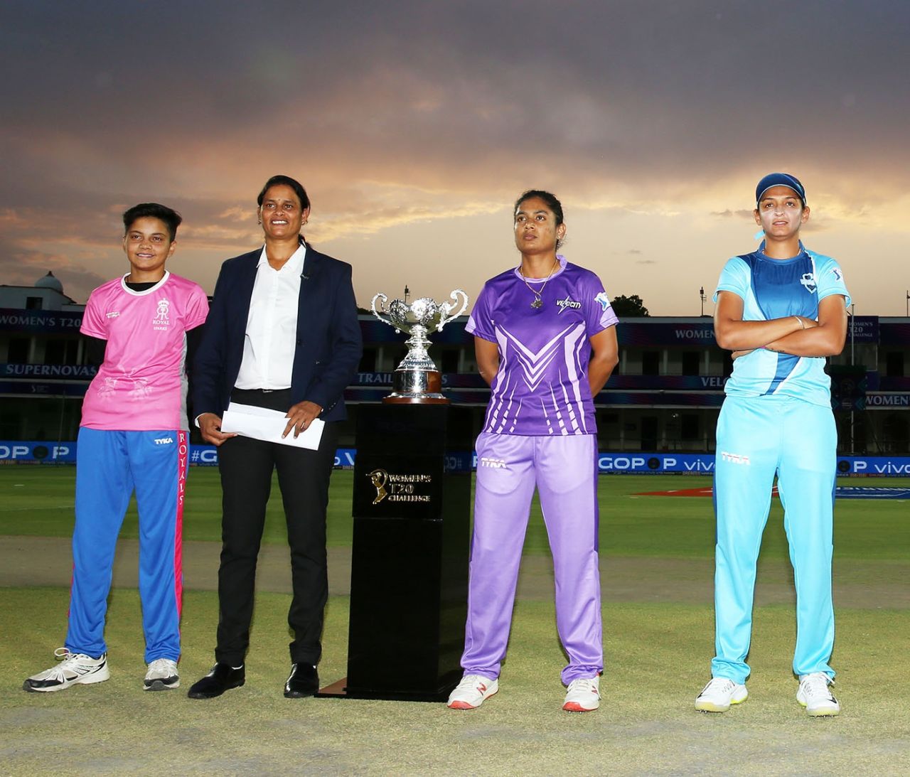 GS Lakshmi with captains Mithali Raj and Harmanpreet Kaur ahead of the final, Supernovas v Velocity, Women's T20 challenge final