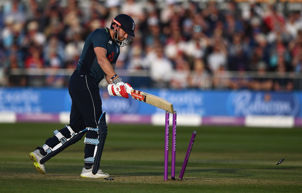 Jonny Bairstow has a swing at his stumps after being bowled for a brilliant hundred, England v Pakistan, 3rd ODI, Bristol, May 14, 2019