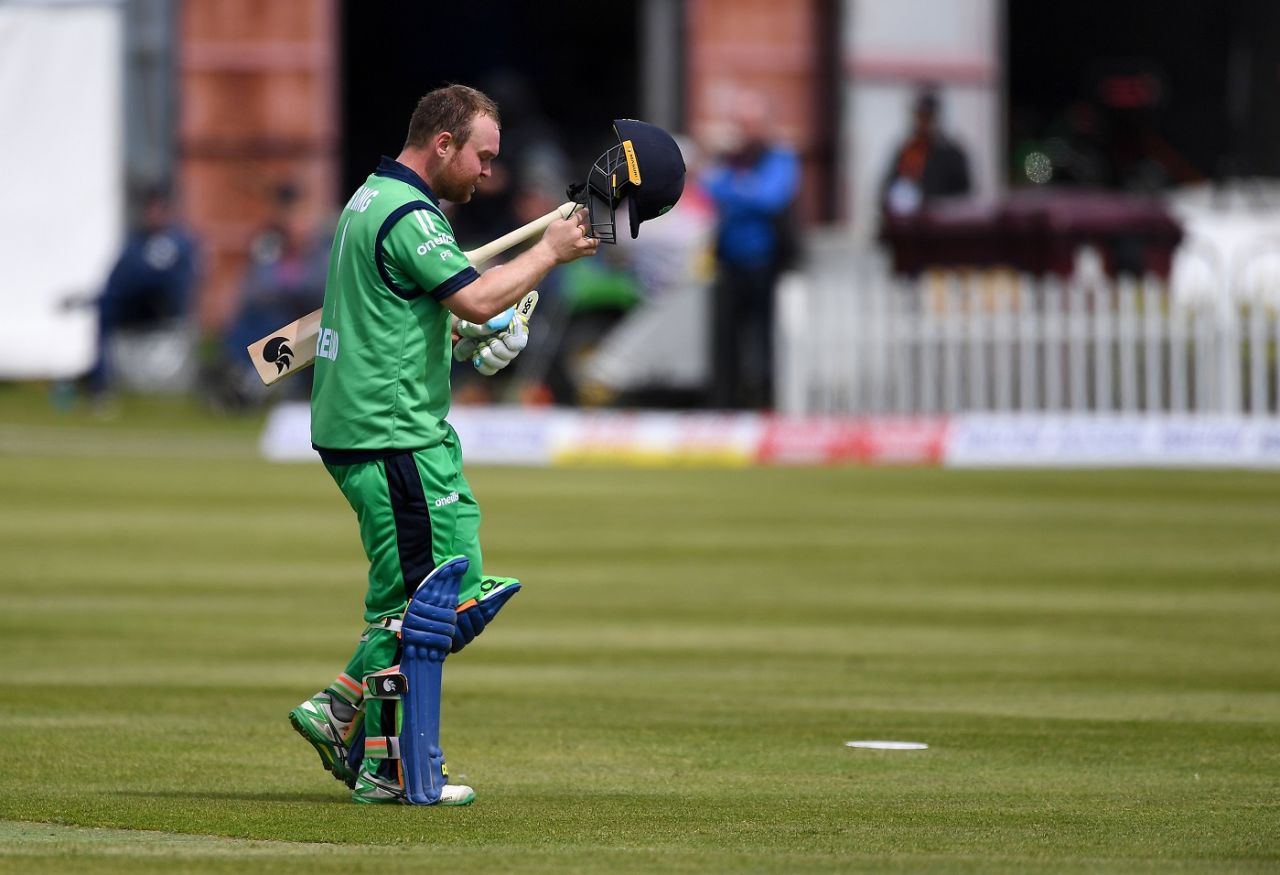 Paul Stirling walks back after making his eighth ODI ton, Ireland v Bangladesh, 6th ODI, Ireland tri-nation series, Dublin, May 15, 2019