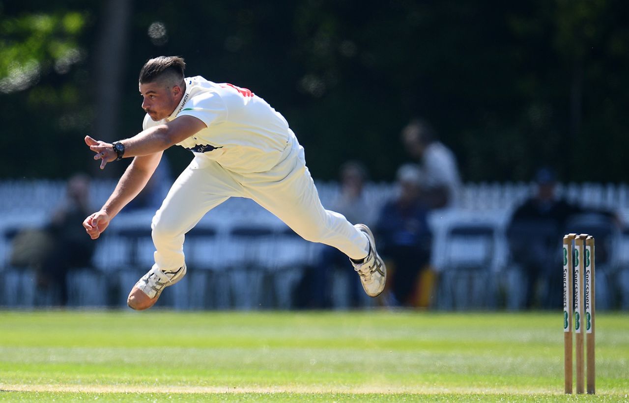 Marchant de Lange in his follow through, Glamorgan v Gloucestershire, County Championship, Newport, 2nd day, May 16, 2019