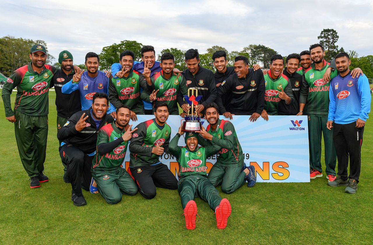 The Bangladesh men's team pose with the tri-nation series trophy, West Indies v Bangladesh, tri-nation series final, Malahide, May 17, 2019