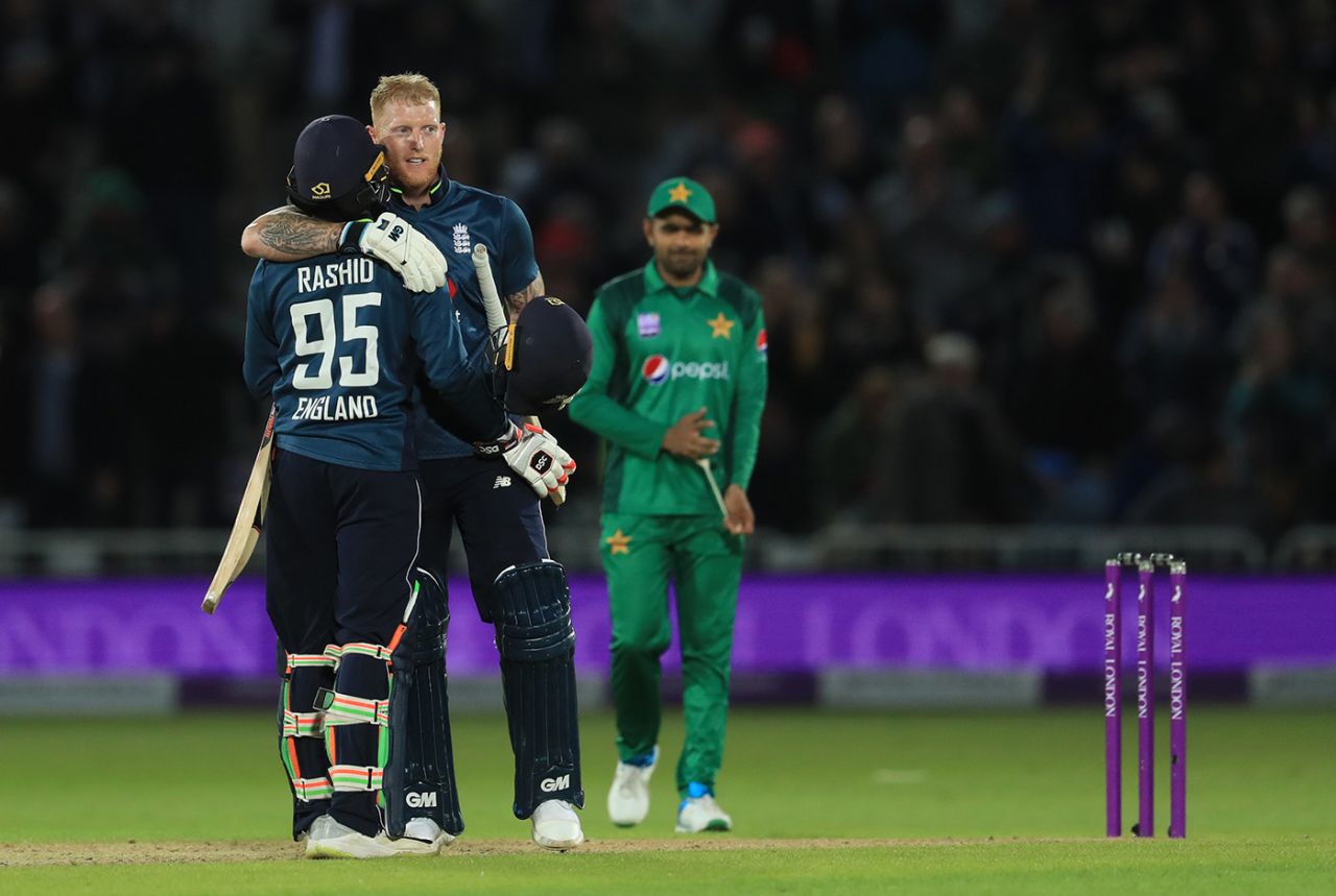 Job done: Ben Stokes and Adil Rashid celebrate victory, England v Pakistan, 4th ODI, Trent Bridge, May 17, 2019