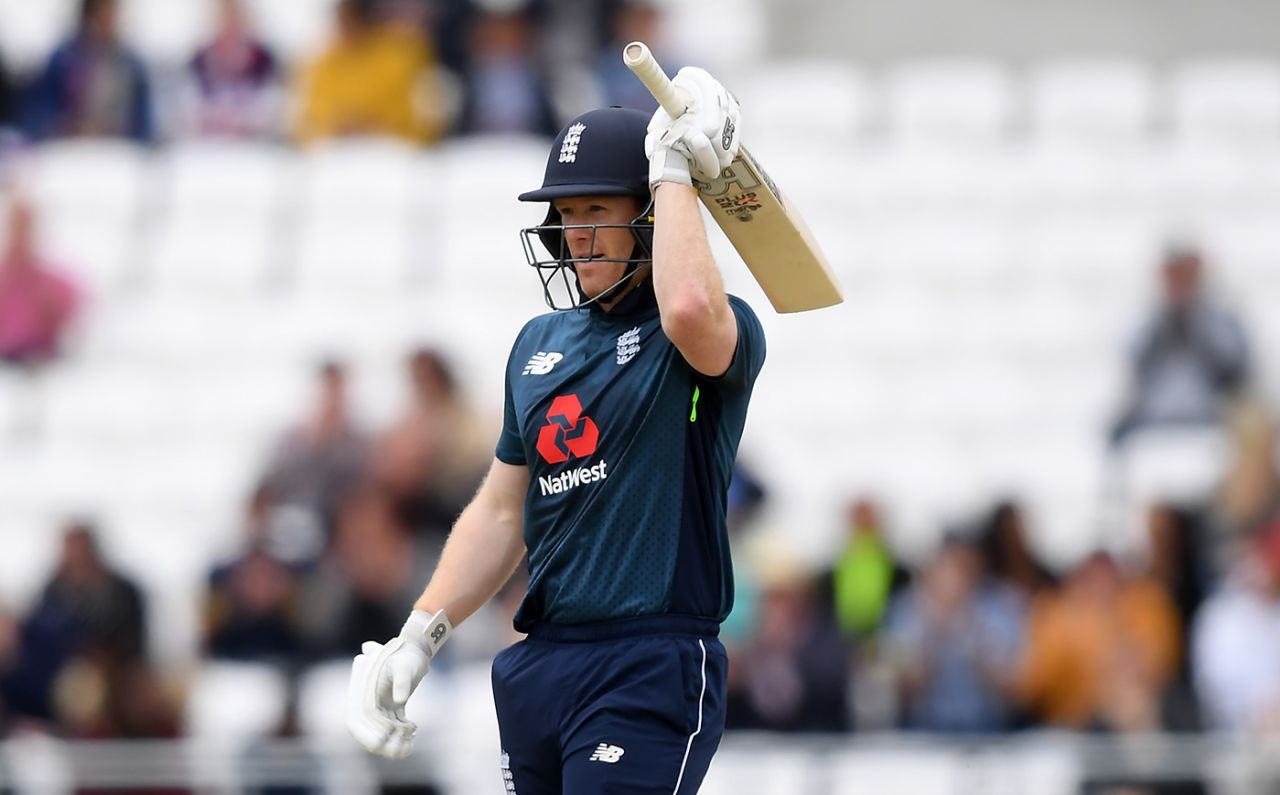 Eoin Morgan raises his bat on reaching fifty, England v Pakistan, 5th ODI, Headingley, May 19, 2019