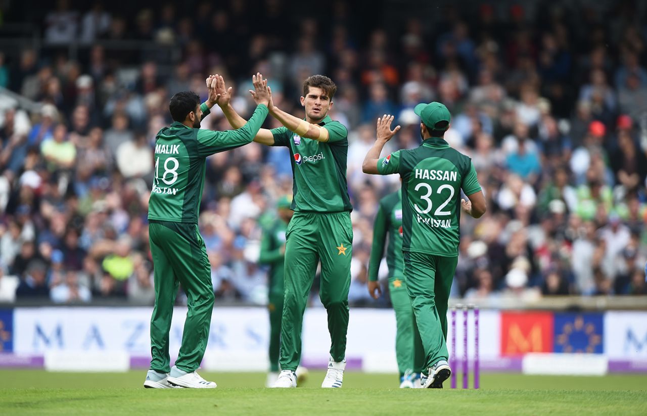 Shaheen Afridi celebrates with a couple of high fives, England v Pakistan, 5th ODI, Headingley, May 19, 2019