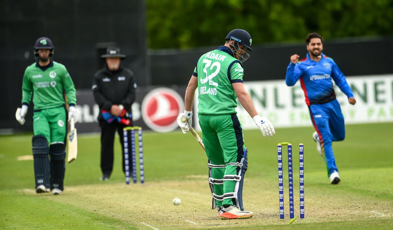 Mark Adair edged the ball onto the stumps off Aftab Alam, Ireland v Afghanistan, 1st ODI, Belfast, May 19, 2019
