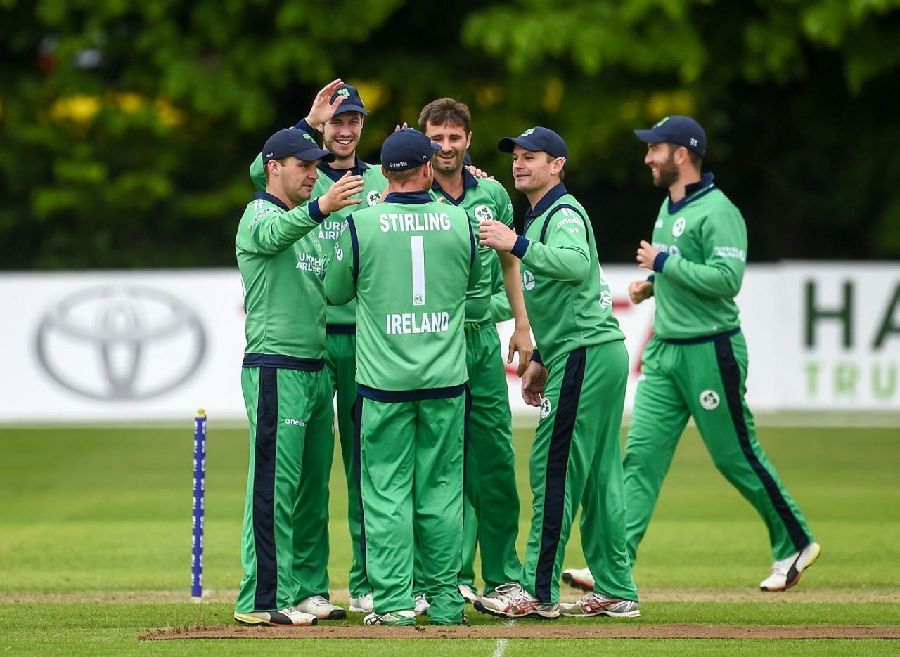 The Ireland players gather together to celebrate a wicket, Ireland v Afghanistan, 1st ODI, Belfast, May 19, 2019