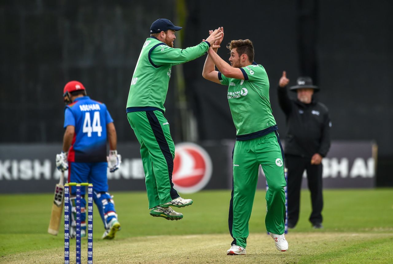 Paul Stirling jumps with joy to celebrate with Mark Adair, Ireland v Afghanistan, 1st ODI, Belfast, May 19, 2019