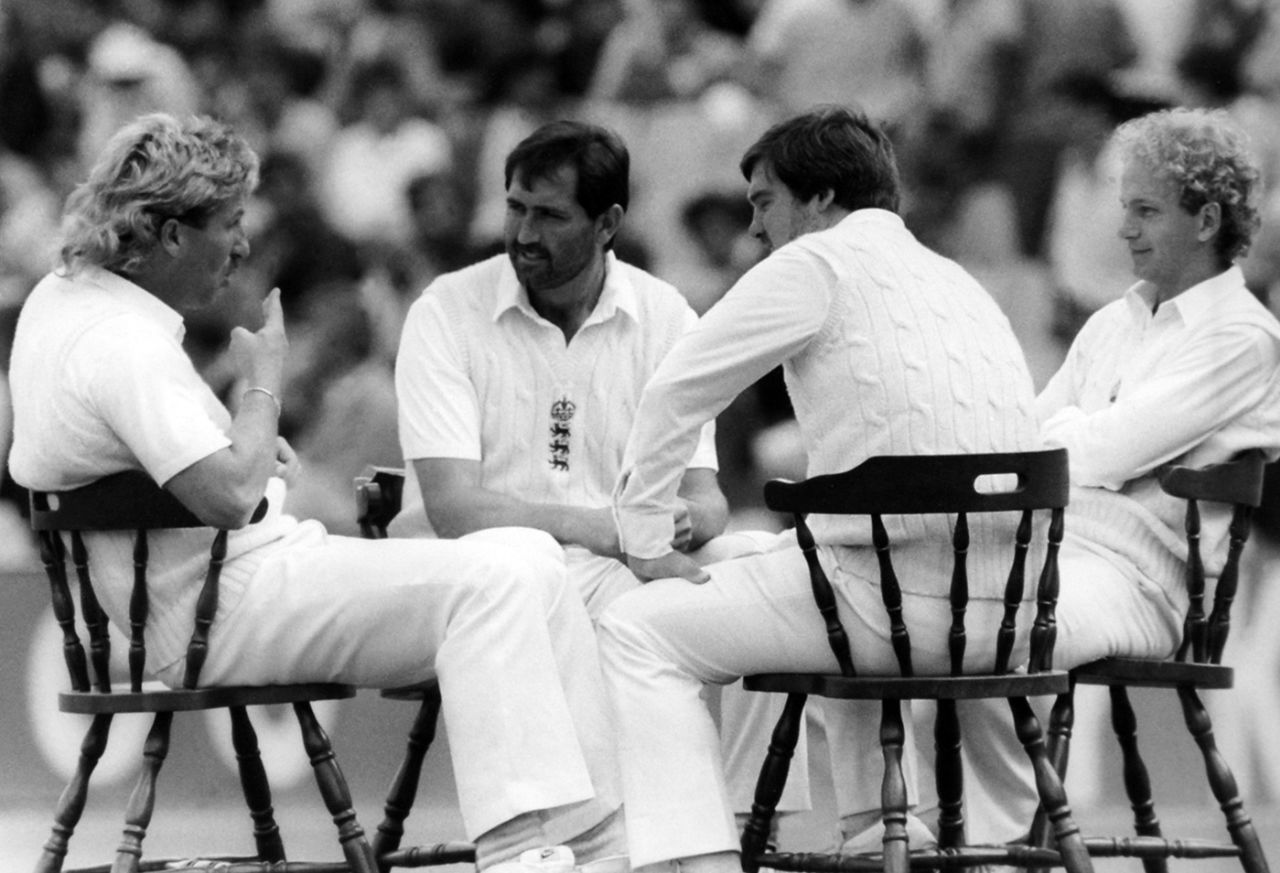 Ian Botham, Graham Gooch, Mike Gatting and David Gower on the lawn at The Oval, England v New Zealand, third Test, day two, August 22, 1986 