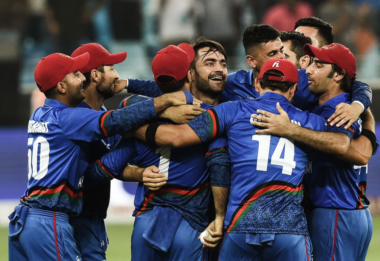 Rashid Khan celebrates the tie with his team-mates, Afghanistan v India, Asia Cup 2018, Dubai, September 25, 2018