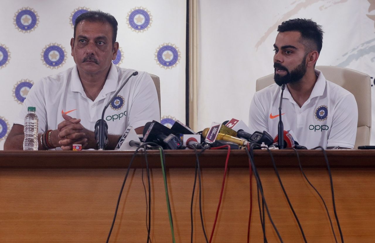 India coach Ravi Shastri and captain Virat Kohli take questions from the media before the team's departure for the World Cup, Mumbai, May 21, 2019
