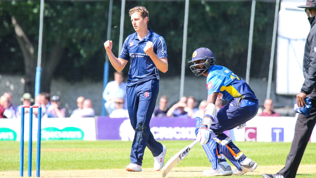 Brad Wheal celebrates after taking his third wicket of the day, Scotland v Sri Lanka, 2nd ODI, Edinburgh, May 21, 2019
