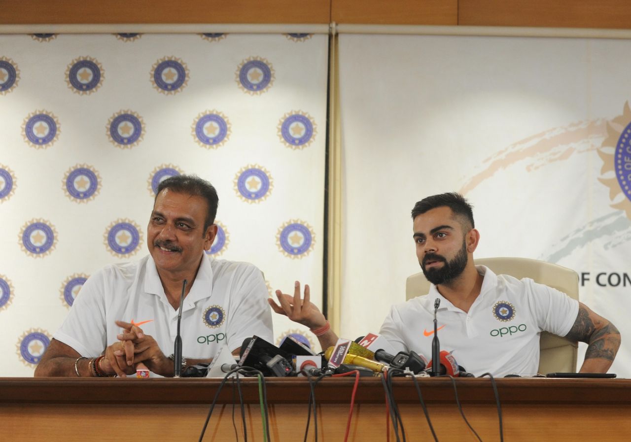 Virat Kohli and Ravi Shastri at a press conference ahead of India's departure to England, Mumbai, May 21, 2019