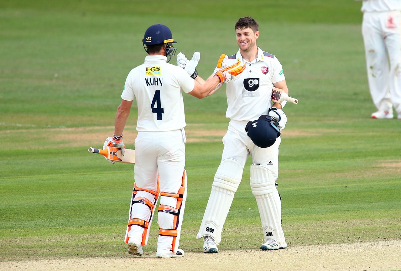 Sean Dickson is congratulated on his hundred, Kent v Surrey, County Championship Division One, Beckenham, May 21, 2019 