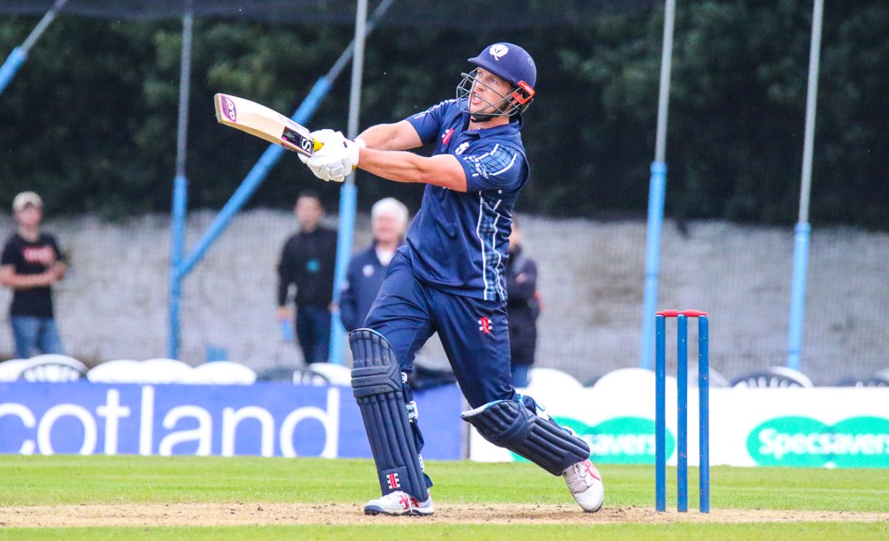 George Munsey drives a straight six over long-on, Scotland v Sri Lanka, 2nd ODI, Edinburgh, May 21, 2019