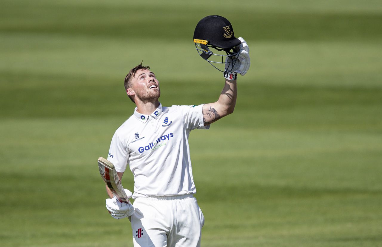 Phil Salt celebrates his hundred, Northamptonshire v Sussex, County Championship, Wantage Road, May 22, 2019