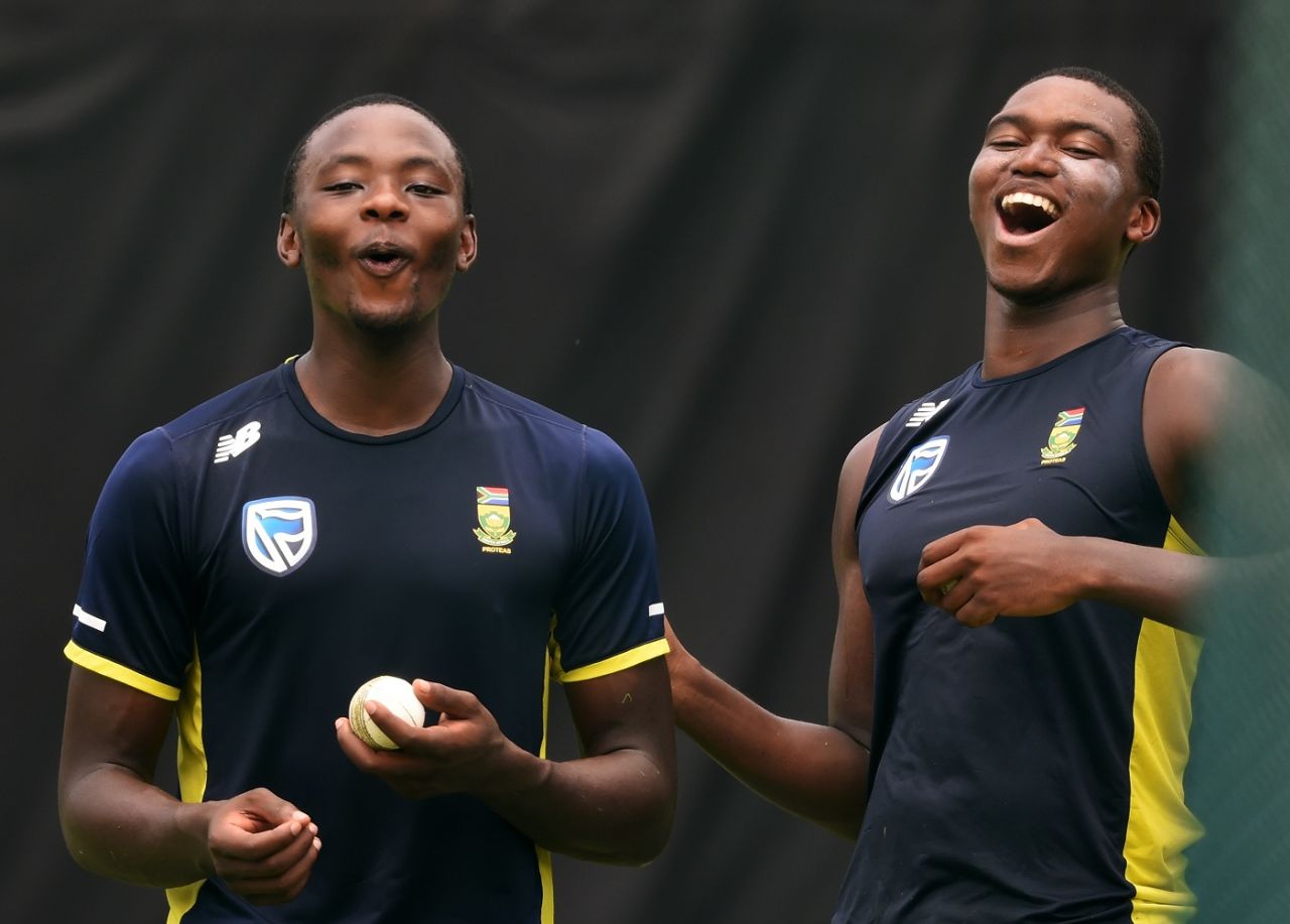kagiso Rabada and Lungi Ngidi share a light moment at training, Pallekele, August 3, 2018