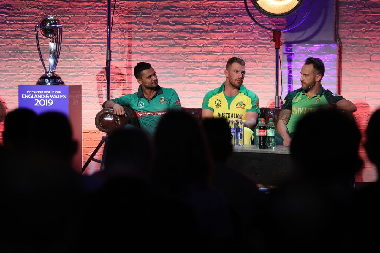 The World Cup, Mashrafe Mortaza, Aaron Finch and Faf du Plessis on display, London, May 23, 2019