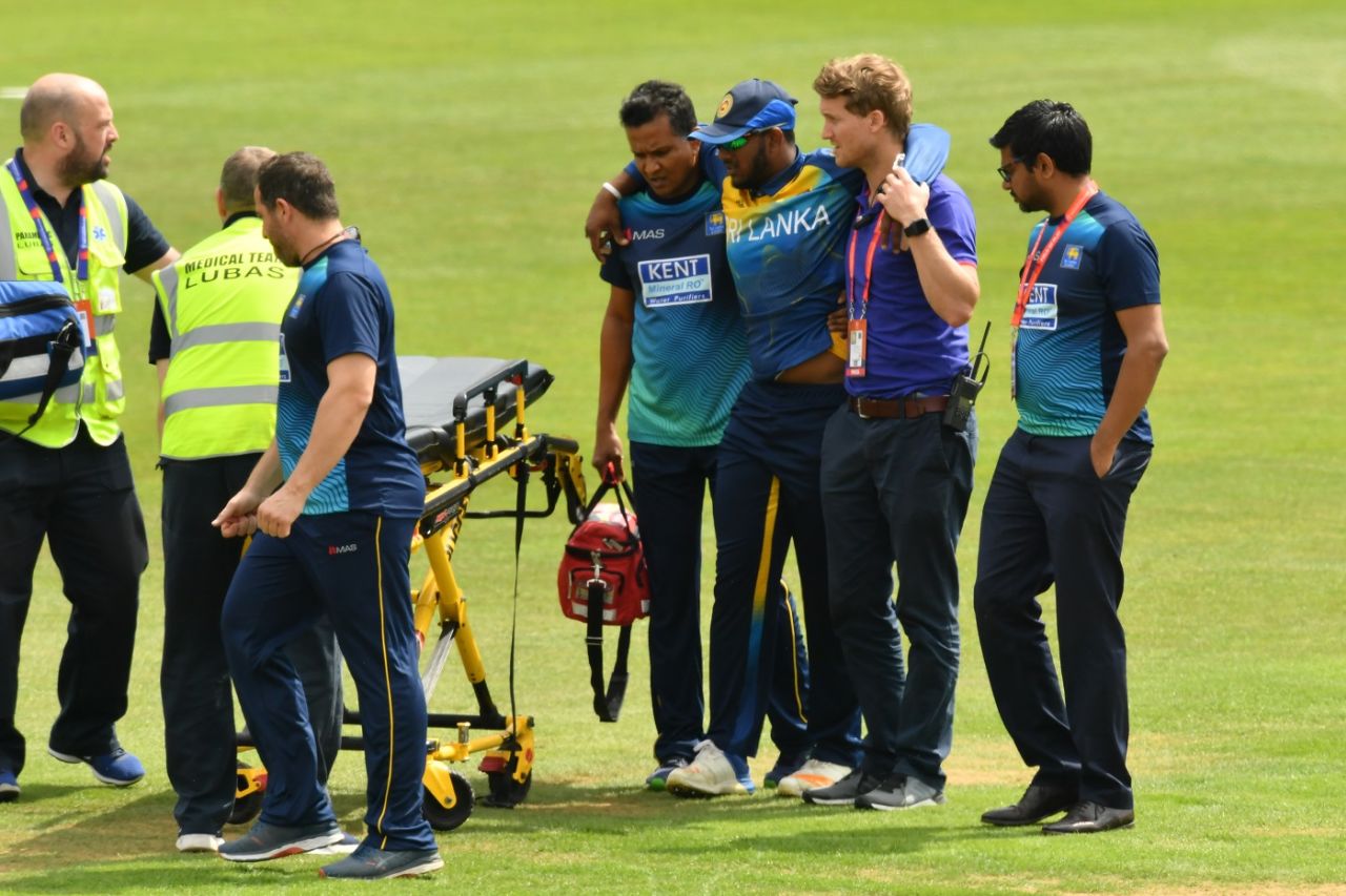 Avishka Fernando helped off the field after hurting his ankle, South Africa v Sri Lanka, World Cup 2019 warm-up, Cardiff, May 24, 2019